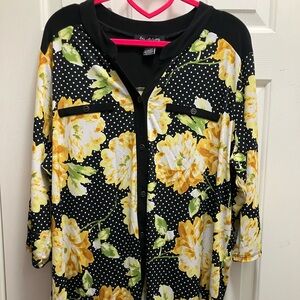elie mccarthy 2x Plus Size Yellow And Black Floral Button Up Blouse